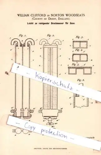 original Patent - W. Clifford in Norton Woodseats , England , 1890 , Leicht zu reinigender Druckmesser für Gase !!!