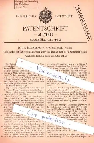 original Patent -  Louis Rousseau in Argenteuil, Frankr. , 1904 , Schmelzofen mit Luftzuführung !!!