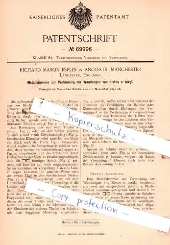 original Patent -  R. M. Esplin in Ancoats, Manchester , 1892 , Transportwesen, Verladung und Verpackung !!!