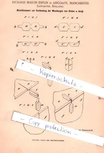 original Patent -  R. M. Esplin in Ancoats, Manchester , 1892 , Transportwesen, Verladung und Verpackung !!!