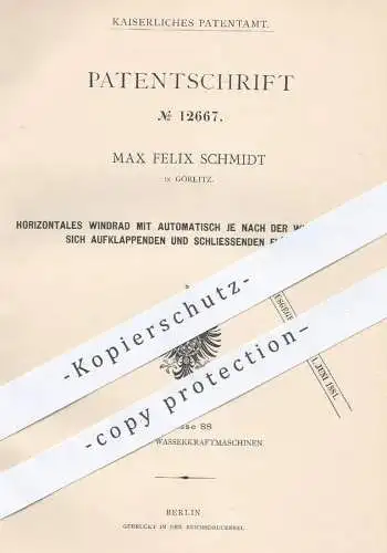 original Patent - Max Felix Schmidt in Görlitz , 1880 , Horizontales Windrad mit Flügel | Windräder , Windkraft , Wind !