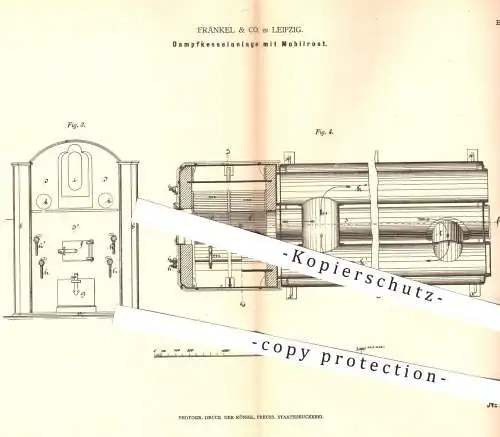 original Patent - Fränkel & Comp. , Leipzig , 1878 , Dampfkesselanlage mit Mobilrost | Dampfkessel , Kessel , Rost !!!