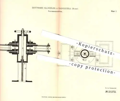 original Patent - Gotthard Allweiler , Radolfzell , 1882 , Formmaschine | Gießerei und Formerei , Formen , Form , Guss !