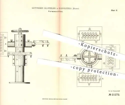 original Patent - Gotthard Allweiler , Radolfzell , 1882 , Formmaschine | Gießerei und Formerei , Formen , Form , Guss !