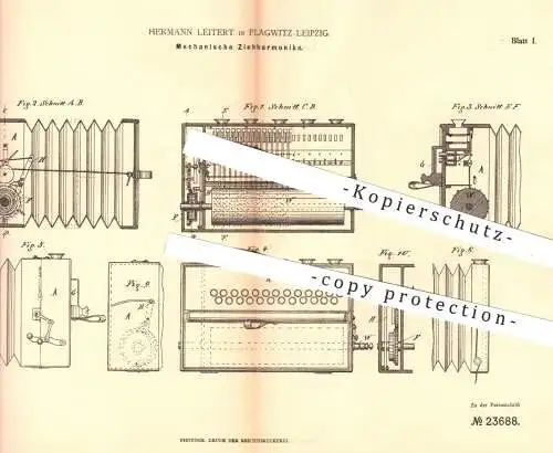 original Patent - Hermann Leitert , Plagwitz Leipzig , 1883 , Mechanische Ziehharmonika | Harmonika , Akkordeon , Musik