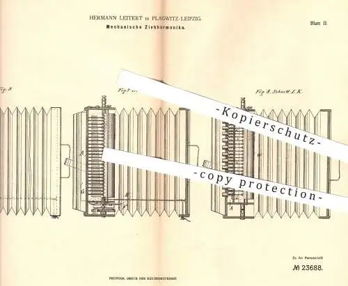 original Patent - Hermann Leitert , Plagwitz Leipzig , 1883 , Mechanische Ziehharmonika | Harmonika , Akkordeon , Musik