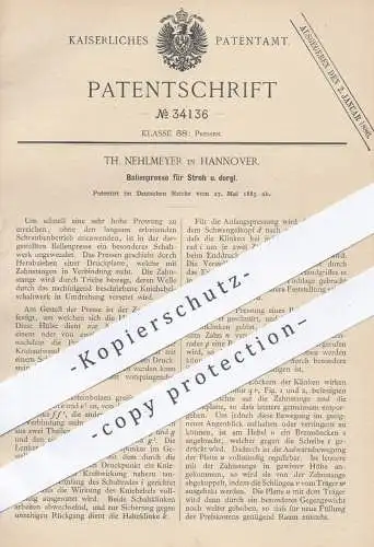 original Patent - Th. Nehlmeyer , Hannover , 1885 , Ballenpresse für Stroh , Heu | Presse , Pressen , Landwirtschaft !!