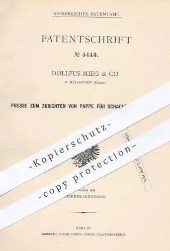 original Patent - Dollfus Mieg & Co. , Mülhausen / Elsass 1878 , Pressen von Pappe , Karton , Schachteln | Papierfabrik