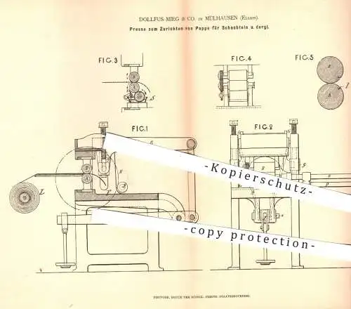 original Patent - Dollfus Mieg & Co. , Mülhausen / Elsass 1878 , Pressen von Pappe , Karton , Schachteln | Papierfabrik