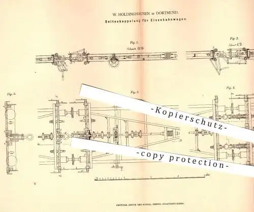 original Patent - W. Holdinghausen , Dortmund , 1878 , Seitenkupplung für Eisebahnen | Kupplung , Eisenbahn , Wagon !!!