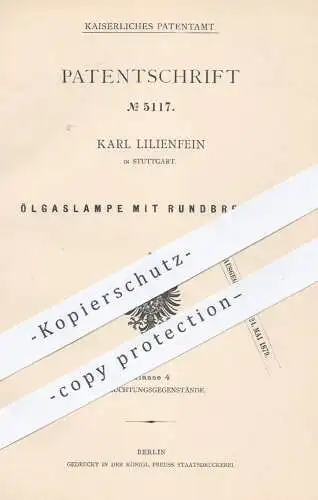 original Patent - Karl Lilienfein , Stuttgart  1878 , Ölgaslampe mit Rundbrenner | Brenner , Öl , Lampe , Gas , Gaslampe