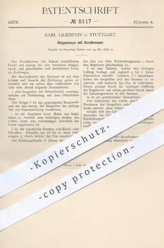 original Patent - Karl Lilienfein , Stuttgart  1878 , Ölgaslampe mit Rundbrenner | Brenner , Öl , Lampe , Gas , Gaslampe