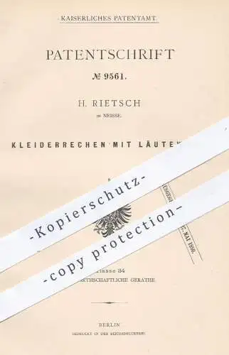 original Patent - H. Rietsch , Neisse 1879 , Kleiderrechen mit Läutewerk , Glocke | Kleidung , Garderobe , Kleiderhaken