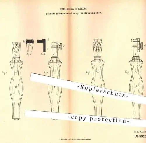 original Patent - Emil Ubrig , Berlin , 1878 , Brennwerkzeug für Schuhmacher , Schuster | Schuhe , Schuhwerk , Stiefel