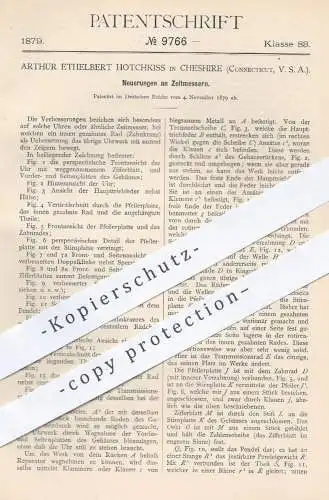 original Patent - Arthur Ethelbert Hotchkiss in Cheshire , Connecticut , USA , 1879 , Zeitmesser | Uhr , Uhren , Uhrwerk