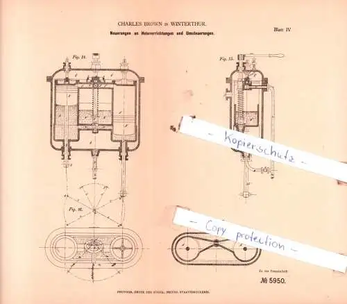 original Patent - Charles Brown in Winterthur , 1878 , Neuerungen an Hebevorrichtungen und Umsteuerungen !!!