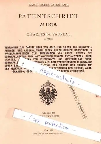 original Patent - Charles de Vaurèal in Paris , 1879 , Verfahren zur Darstellung von Gold und Silber !!!