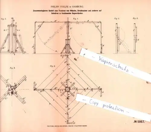 original Patent -  Philipp Toelpe in Hamburg , 1878 , Zusammenlegbares Gestell zum Trocknen von Wäsche !!!