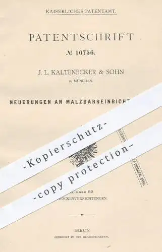 original Patent - J. L. Kaltenecker & Sohn , München , 1880 , Malzdarreinrichtungen | Malz , Darre , Malzdarre !!!