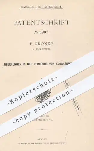 original Patent - F. Dronke , Bockenheim , 1878 , Reinigung von Schmutzwasser | Kläranlage , Wasser , Wasserleitung !!!