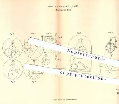 original Patent - Oreste Blanchetti in Paris , 1879 , Uhr , Uhren | Uhrwerk , Uhrmacher , Uhrgetriebe , Unruh , Hemmung