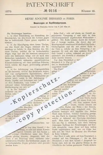 original Patent - Henri Adolphe Brissard , Paris , 1879 , Kopfdruckpressen | Druckpresse , Pressen , Druck , Buchdruck !