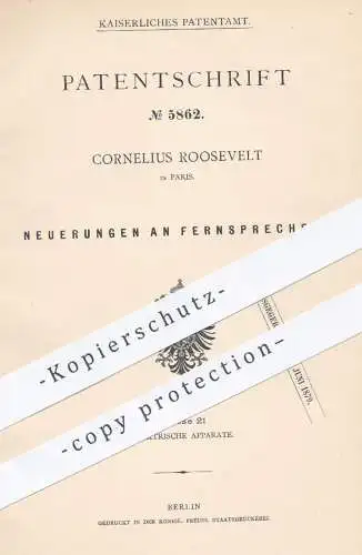 original Patent - Cornelius Roosevelt , Paris , 1878 , Fernsprecher | Telefon , Schall , Elektrizität , Strom !!!