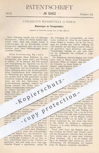 original Patent - Cornelius Roosevelt , Paris , 1878 , Fernsprecher | Telefon , Schall , Elektrizität , Strom !!!