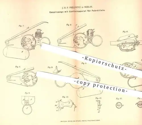 original Patent - J. H. F. Prillwitz , Berlin , 1878 , Coupierzange mit Kontrolle für Fahrscheine | Billet , Ticket !!!