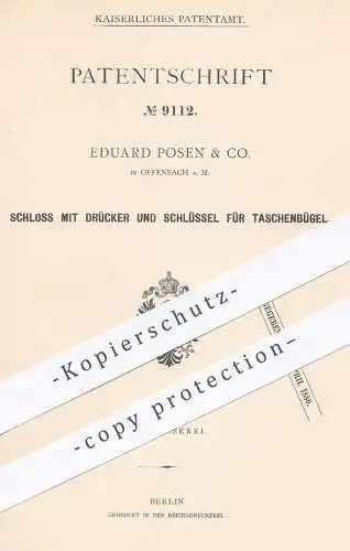 original Patent - Ed. Posen & Co. , Offenbach / Main , 1879 , Schloss mit Drücker u. Schlüssel für Taschenbügel | Tasche