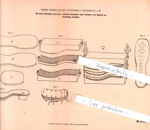 original Patent - H. F. D. Schwahn in Offenbach a. M. , 1878 , Mit Kork, Kautschuk und Leder combinirte Holzsohlen !!!