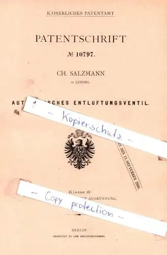 original Patent - CH. Salzmann in Leipzig , 1880 , Automatisches Entluftungsventil !!!