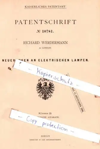 original Patent - Richard Werdermann in London , 1879 , Neuerungen an elektrischen Lampen !!!