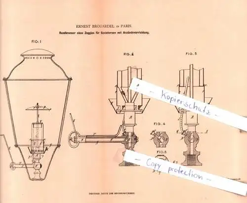 original Patent - Ernest Brouardel in Paris , 1880 , Rundbrenner ohne Zugglas für Gaslaternen !!!