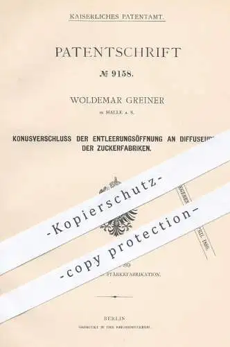 original Patent - Woldemar Greiner , Halle / Saale , 1879 , Konusverschluss der Entleerungsöffnung am Diffuseur | Zucker