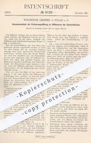 original Patent - Woldemar Greiner , Halle / Saale , 1879 , Konusverschluss der Entleerungsöffnung am Diffuseur | Zucker