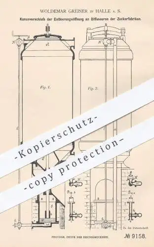 original Patent - Woldemar Greiner , Halle / Saale , 1879 , Konusverschluss der Entleerungsöffnung am Diffuseur | Zucker