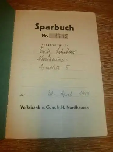 altes Sparbuch Nordhausen , 20.April 1944 - 1945 , Fritz Schröder in Nordhausen , Sparkasse , Bank !!