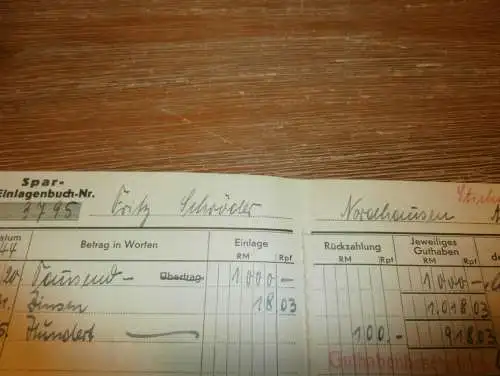 altes Sparbuch Nordhausen , 20.April 1944 - 1945 , Fritz Schröder in Nordhausen , Sparkasse , Bank !!