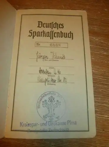 altes Sparbuch Zschachwitz / Pirna , 1941 - 1944 , Jürgen Schmidt in Dresden , Sparkasse , Bank !!