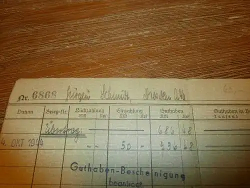 altes Sparbuch Zschachwitz / Pirna , 1941 - 1944 , Jürgen Schmidt in Dresden , Sparkasse , Bank !!