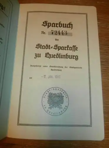 altes Sparbuch Quedlinburg , 1943 , Margarete Dube in Quedlinburg , Sparkasse , Bank !!