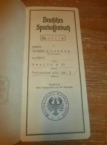 altes Sparbuch Cottbus , 1943 - 1945 , Hermann Neumann , Amtsrat in Berlin , Sparkasse , Bank !!