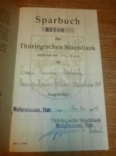 altes Sparbuch Waltershausen i. Thüringen , 1944 - 1946 , Emma Merbach in Langenhain , Sparkasse , Bank !!