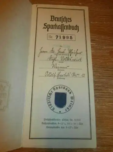 altes Sparbuch Weimar , 1942 - 1945 , Dr. Pfeifer in Weimar , Diplom-Volkswirt , Sparkasse , Bank !!