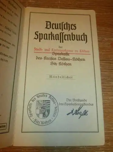 altes Sparbuch Köthen , 1943 - 1945 , Martha Teubner geb. Hahn in Köthen , Sparkasse , Bank !!