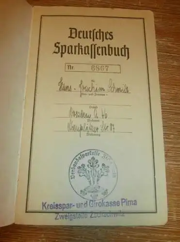 altes Sparbuch Zschachwitz / Pirna , 1941 - 1945 , Hans-Joachim Schmidt in Dresden , Sparkasse , Bank !!