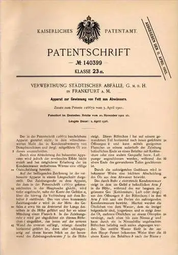 Original Patentschrift - Städt. Abfallentsorgung in Frankfurt a.M., 1901 , Fettgewinnung aus Abwasser , Abfall  !!!