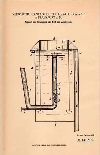 Original Patentschrift - Städt. Abfallentsorgung in Frankfurt a.M., 1901 , Fettgewinnung aus Abwasser , Abfall  !!!