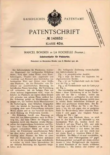 Original Patentschrift - M. Bordier à La Rochelle , 1901 , Distributeur automatique de billets, cartes d'endroit !!!